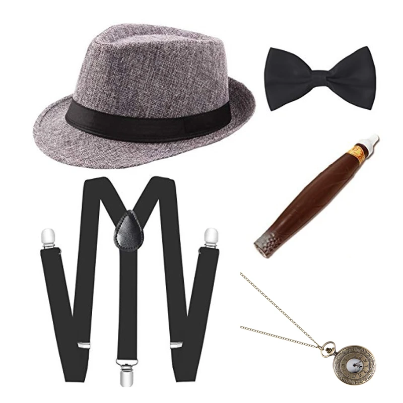 Mens Gatsby Set 20s 30s Retro Gangster Costume Tie Hat BLACK WHITE BLUE RED GRAY|Costume Accessories| - AliExpress