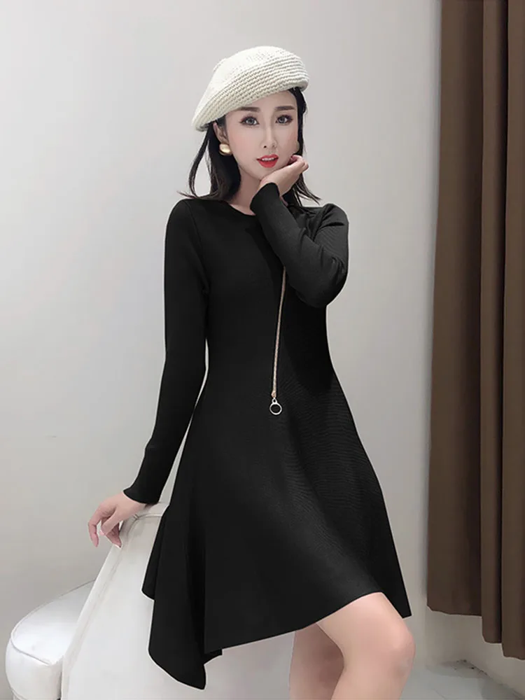 Fall 2020 Korean Style Short Dress Woman Fashion Zippers Slim Bottoming A-Line Long Sleeve Knit Dresses For Women Black Beige