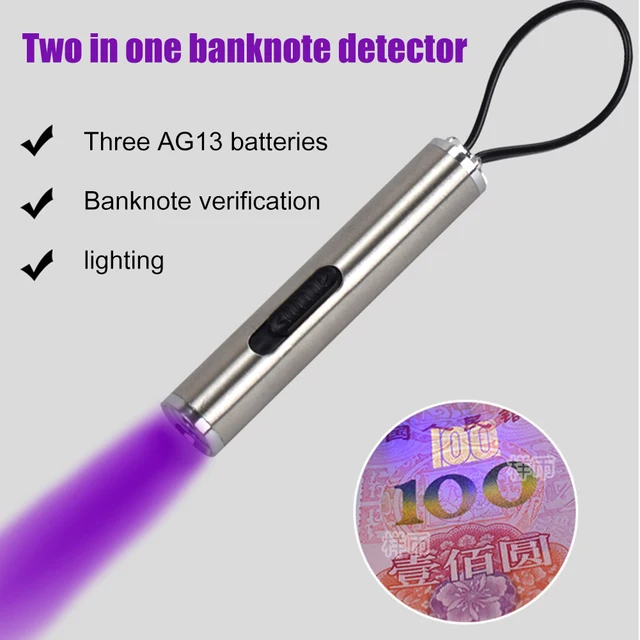 1-4Pcs Portable Flashlight Mini Stainless Steel Detector UV White Purple Light Portable Banknote Checking Torch Battery Powered
