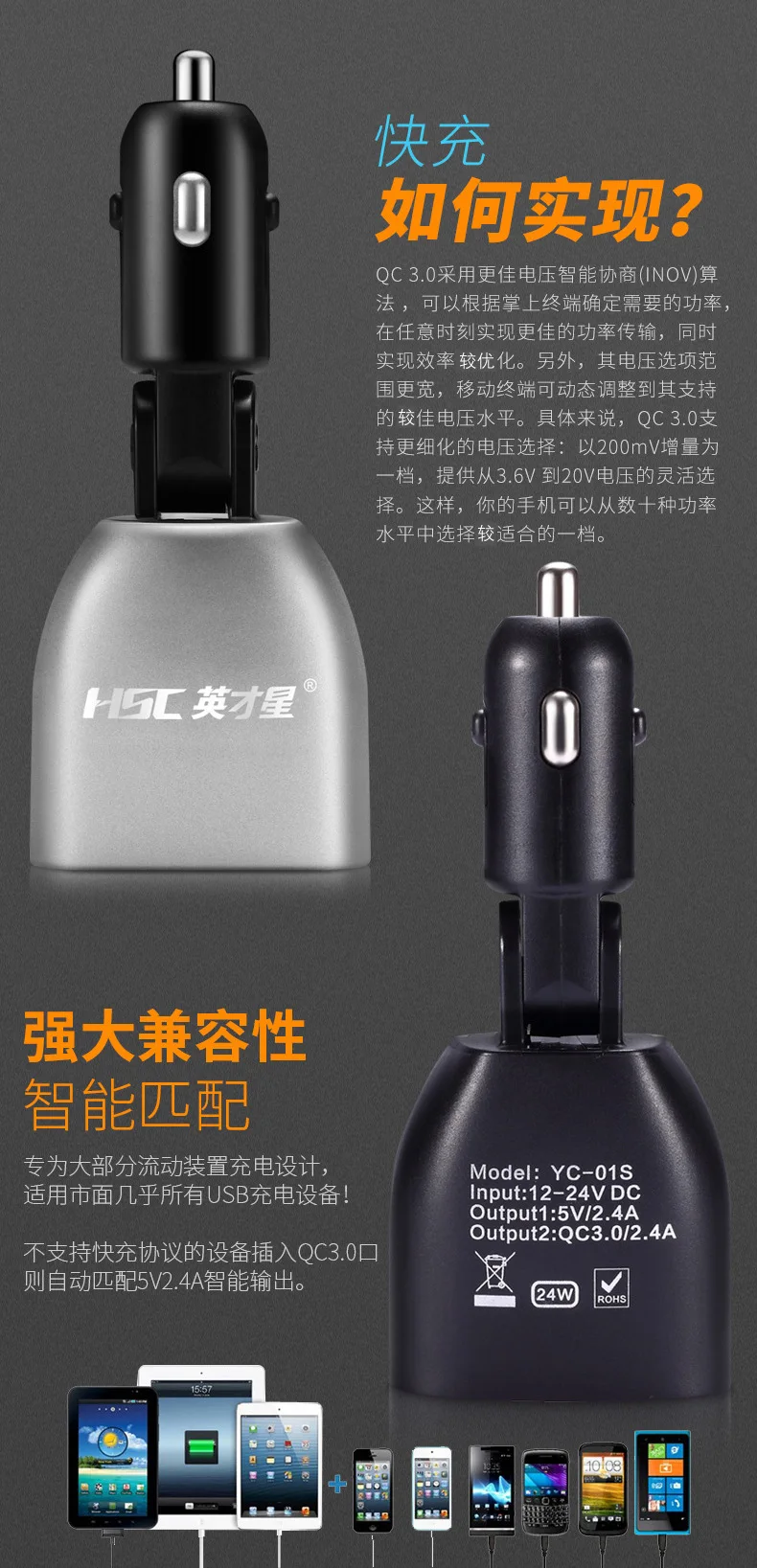 Превосходное автомобильное зарядное устройство с двумя usb-портами, монитор напряжения батареи, высокая скорость 3,0, быстрая зарядка, Yc-01s