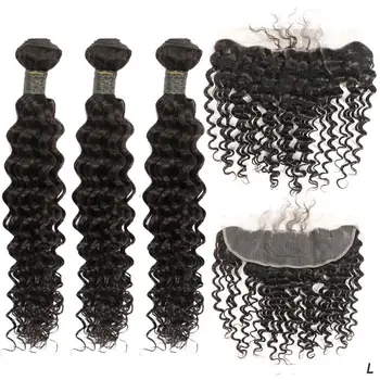 

8-28'' Brazilian Remy Deep Curly human Hair Weave Bundles With 13X4 Frontal Lace Closure Extension With Baby Hair Zing Silky