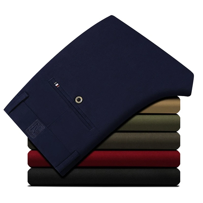 Spring Summer Men Cotton Casual Classic Dress Pants Business Stretch Straight Fit Khaki Formal Trousers Male Long Pant Work