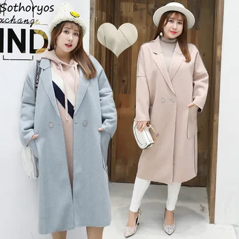 

Wool Women Long Plus Size Double Breasted Solid Simple All-match Korean Style Blends Womens Slim Woolen Elegant Ladies Overcoats