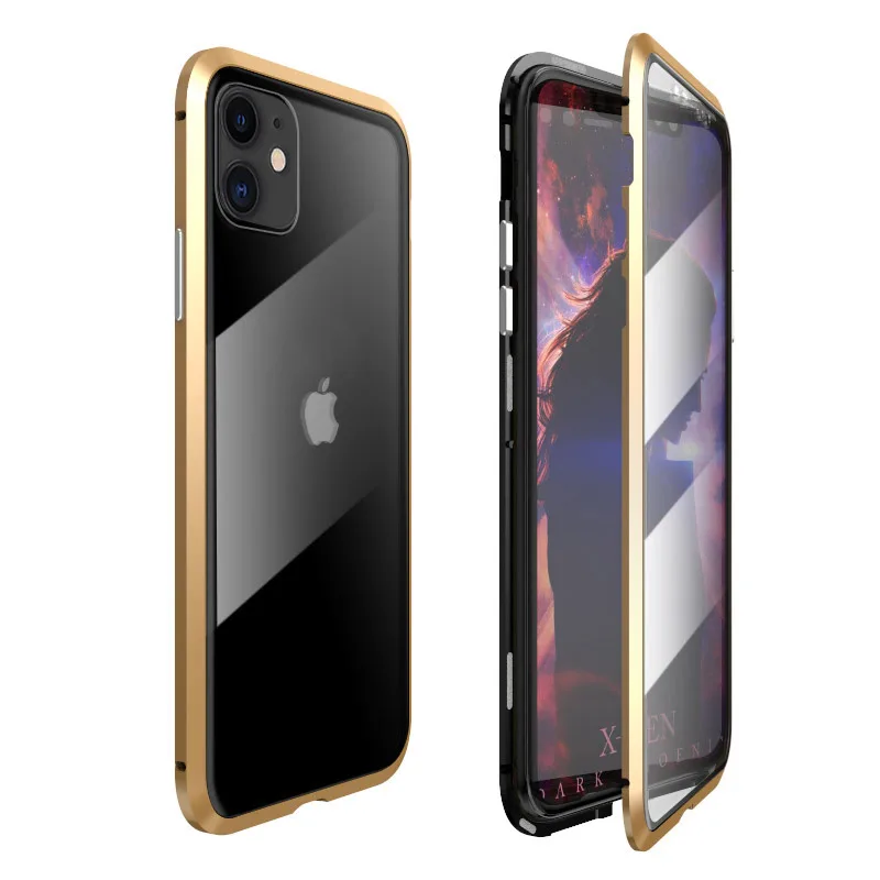 Для iPhone 11 Pro Max Чехол-Броня металлическая рамка Магнитная двойная закаленное стекло противоударный 360 чехол для iPhone 11 Pro Max чехол - Цвет: Black Gold