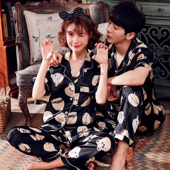 

Lovers Pajamas Suit Print Satin Sleepwear Iintimate Lingerie 2PCS Sleep Set Homewear Summer New Nightwear Casual Pyjamas