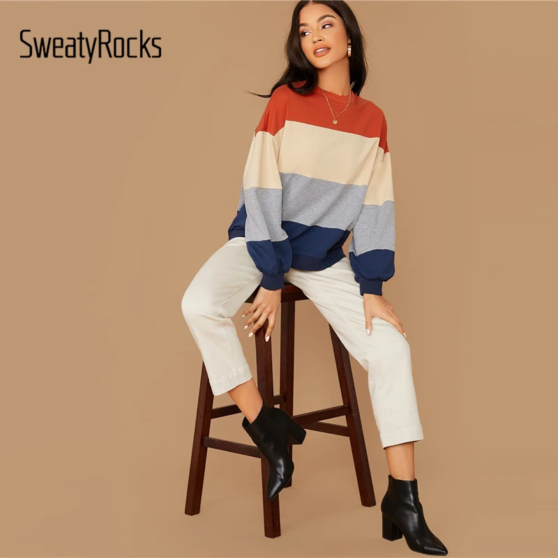 SweatyRocks разноцветный фонарь рукав цветной пуловер Весна с круглым вырезом толстовки для активных Повседневное свитшот для отдыха