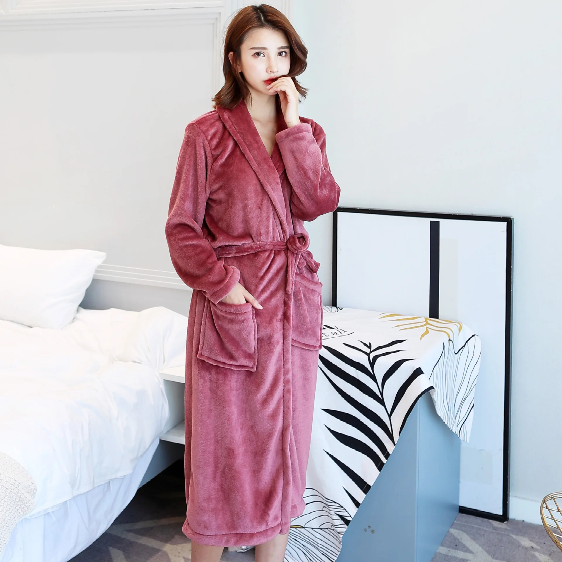 L-2XL Plus Size Bathrobe For Women New Thick Flannel Winter Robe Couple's Long Kimono Bath Robes Casual Home Wear Clothes