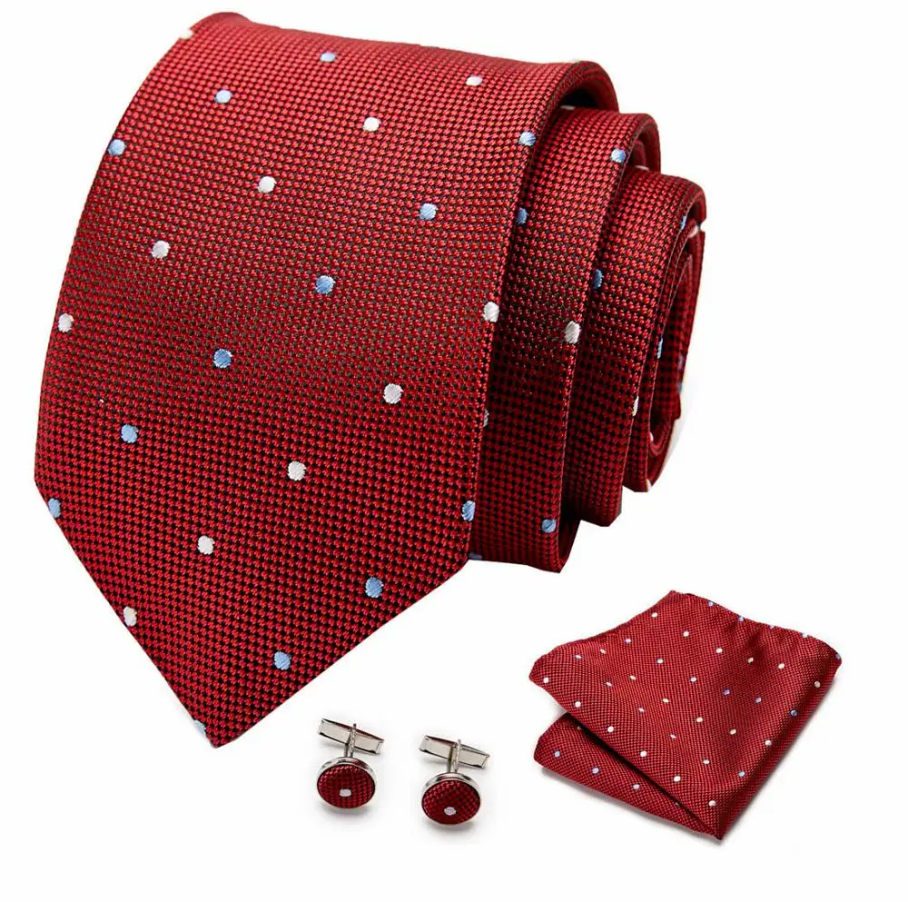 

Luxury Men 7.5cm Tie Skinny Red Dot 100% Silk Jacquard Woven Tie Hanky Cufflink Set For Men Formal Wedding Party