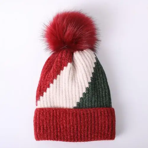 Рождественская цветная женская теплая мягкая зимняя вязаная шапка с помпоном, шапка с манжетой, украшение для праздника - Цвет: Красный
