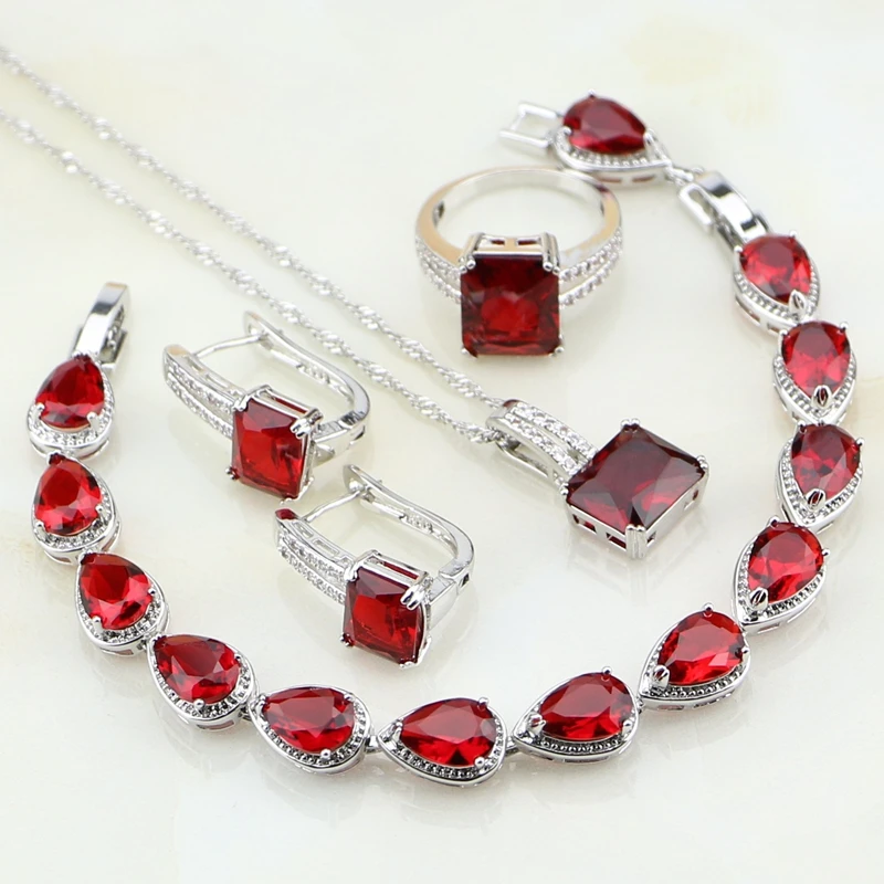 Red Cubic Zirconia White Zircon 925 Sterling Silver Jewelry Sets For
