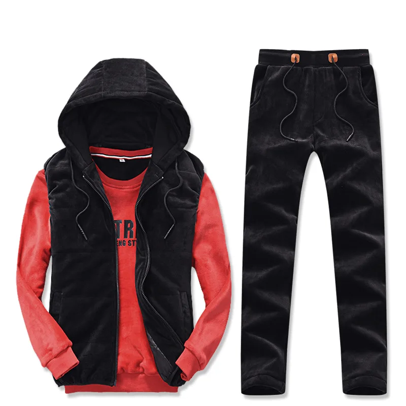 Red AmberHeard Winter Warm Men Sport Suit Hooded Vest+Pants+Sweatshirt Gold Velvet Sportswear 3 Piece Set For Men Tracksuit Clothing - Цвет: Red