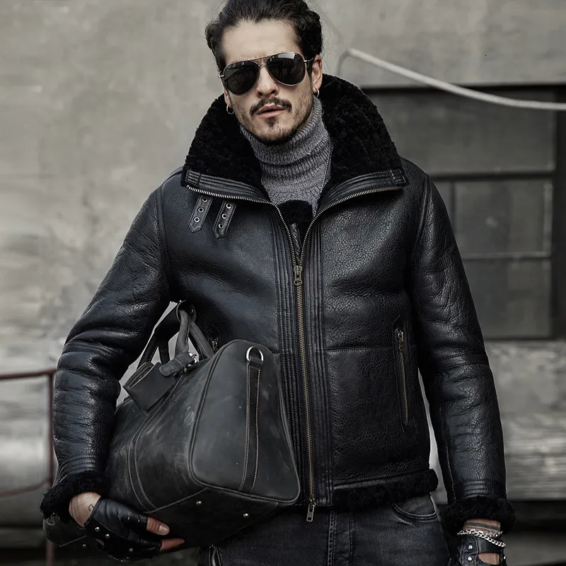 Мужская куртка из овчины, мужские Куртки из натуральной кожи, толстая верхняя одежда, мотоциклетные куртки, модные короткие зимние меховые пальто - Цвет: Black Black Fur