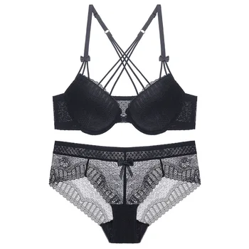 

Ladies Sexy Lace Underwear Front Buckle Bra Y-shaped Cross Straps Beautiful Back Bra Women's Bra + Panties Underwear Set