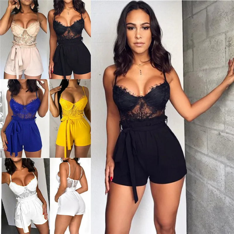Hirigin Women Summer Lace Camisole V Neck Sleeveless Playsuit Holiday Strap Mini Playsuit Sexy Shorts Jumpsuit Club Clothes