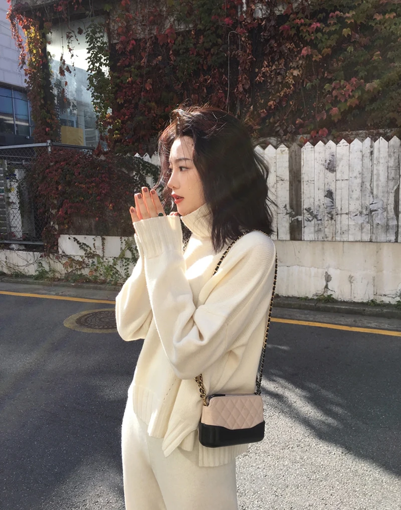 Casual Sweater Pants Knitted 2 Pieces Set Turtleneck Pullovers& Elastic Waist Pants Women Sweater Sets Autumn Knitted Set