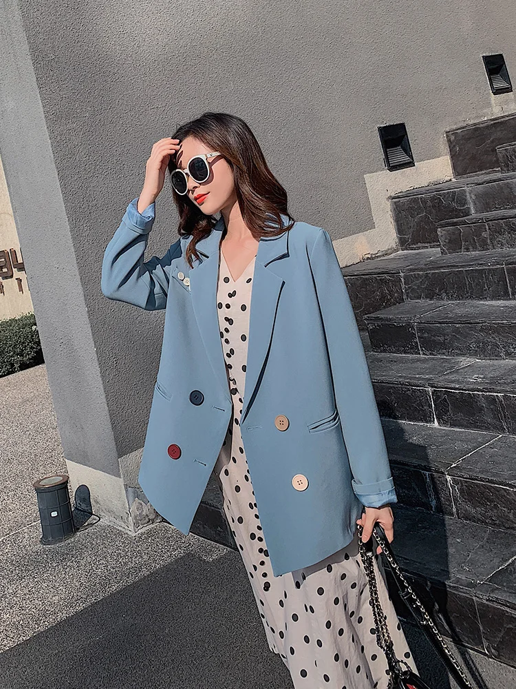 Stylish Korean Ladies Blazer Loose Casual Solid Blue Simple Suit Jacket Chamaras Mujer Vintage Spring Women Jacket Party MM60NXZ