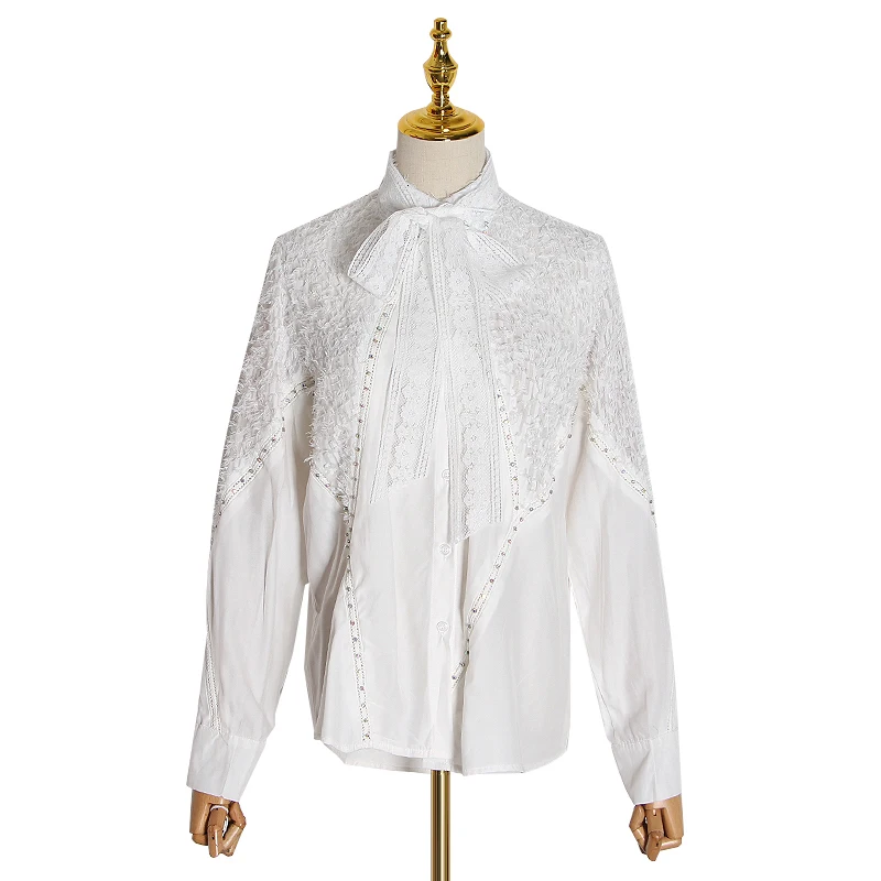 TWOTWINSTYLE Лоскутная кисточка Бисероплетение Рубашки для женщин лук воротник фонарь с длинным рукавом асимметричные блузы женская одежда