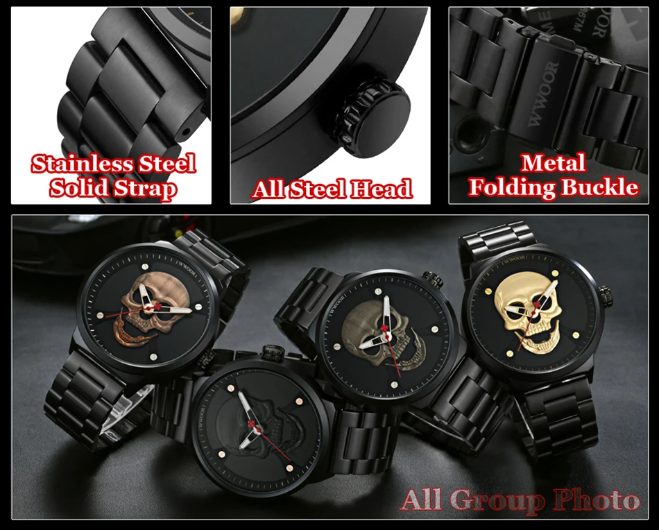 WWOOR Fashion Pirate Style Skull Watch Men Top Brand Luxury Men Waterproof Stainless Steel Quartz Wrist Watches Sports Men Clock