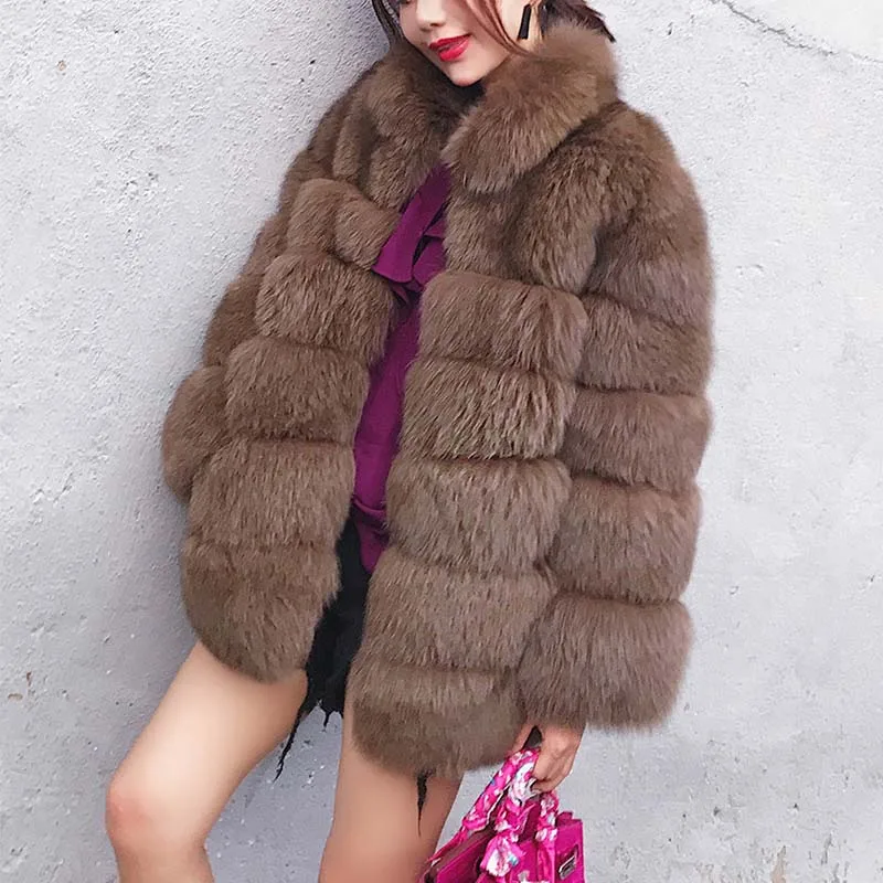 URSPORTTECH пальто из искусственного коричневого лисьего меха, женское плюшевое пальто, куртка, уличная одежда, осень-зима, теплое пальто из искусственного лисьего меха, верхняя одежда для женщин - Цвет: brown