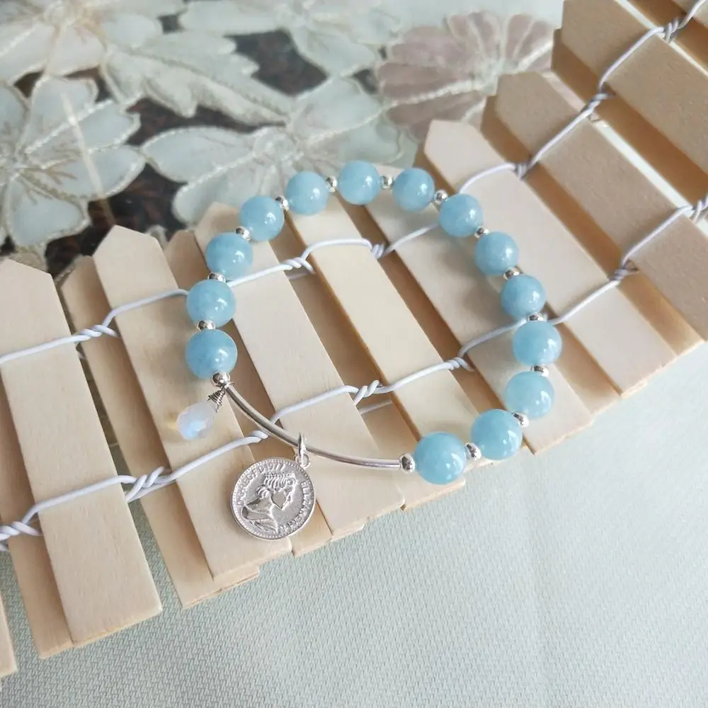 

LiiJi Unique Real 8mm Aquamarines Moonstone Drop Charm Bracelet 925 Sterling Silver Coin Charm Delicate Bracelet For Women