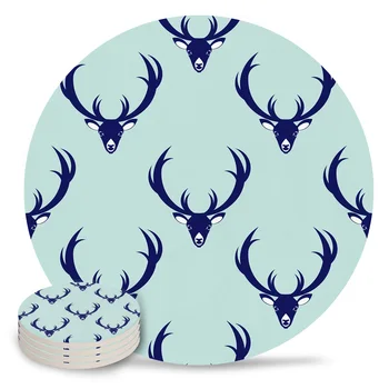 

Deer Head Horns Blue Placemat Ceramic Drink Coasters Table Decoration Absorbent Moisture