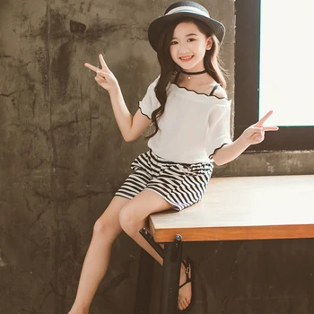 

Teen Girls Clothes Set Summer 2 PCS Children Clothing For Girl Blosues Tops And Shorts Striped Kids Clothing 3 5 7 9 11 13 Years