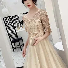 Новое поступление, длинное платье трапециевидной формы с v-образным вырезом ES30239, сексуальные кружевные вечерние платья цвета шампанского с кисточками, вечерние платья Abendkleider