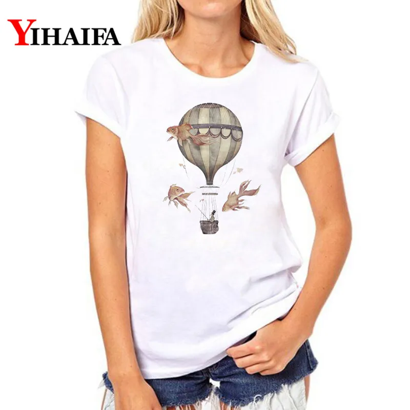 

YIHAIFA New Short sleeve Women T-shirt Balloon Fish Printed Graphics Tee Funny Casual Summer White T Shirts Pullover Tops