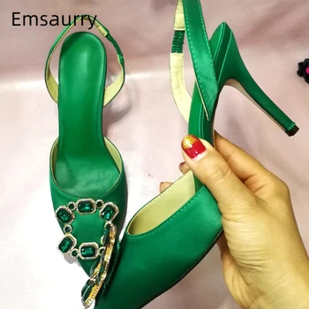 

Jeweled Crystal Buckle Decor Party Shoes Woman 10cm Thin Heel Pointed Toe Back Strap Luxury Satin Summer Sandals Women