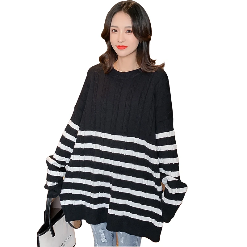 Plus Size Pregnant Women Striped Sweater Long Sleeve Maternity Batwing Knitting Pullovers Long Loose Pregnancy Cotton Sweaters