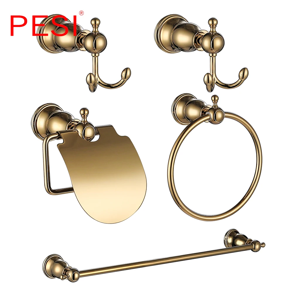 

Bathroom Accessories Hardware Set Robe Coat Hook Towel Rail Rack Bar Shelf Toilet Paper Tissue Holder Toothbrush Holder,Gold.