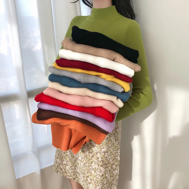

Autumn Winter Thick Sweater Women Knitted Ribbed Pullover Sweater Long Sleeve Turtleneck Slim Jumper Soft Warm Pull Femme