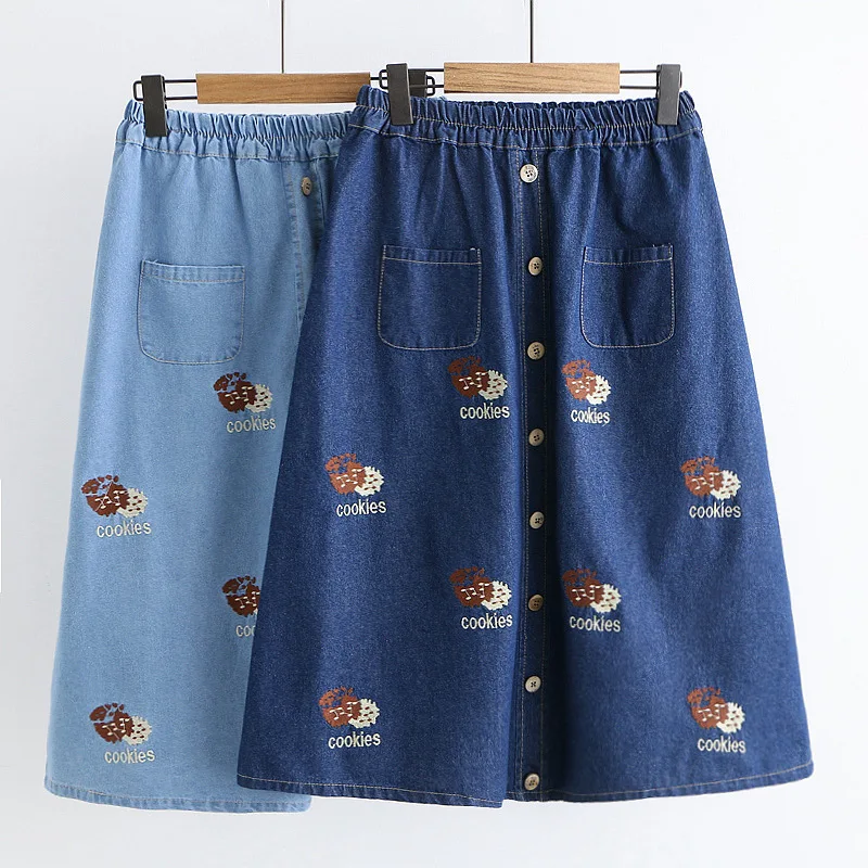 

Japanese-style Mori Girl Line Autumn Clothing Elastic Waist Biscuit Embroidered Denim Skirt Student Loose And Plus-sized Skirt F