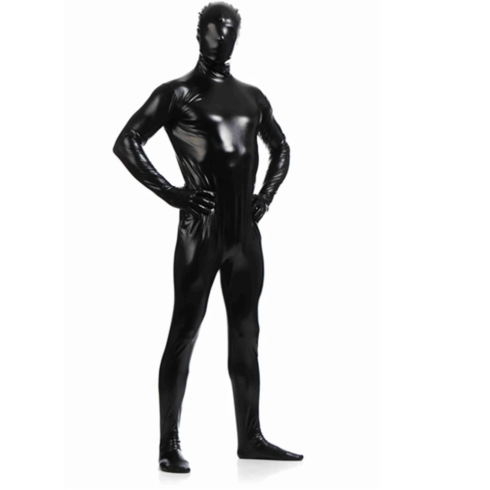 Мужской костюм зентай из спандекса, черный блестящий металлический костюм, костюм для всего тела, костюм для выступлений на сцене