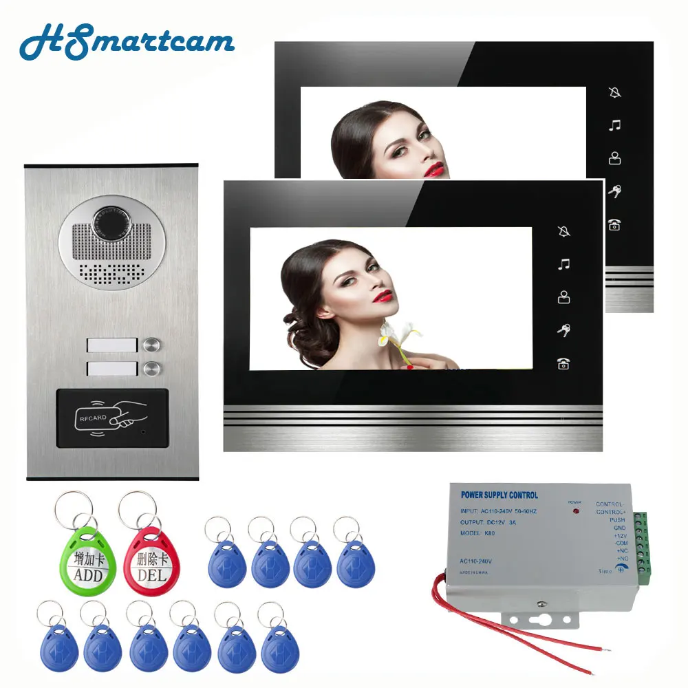 유선 홈 컬러 모니터 아파트 유선 비디오 도어 폰 RFID HID 카드, 오디오 비주얼 인터콤 시스템, 7 인치