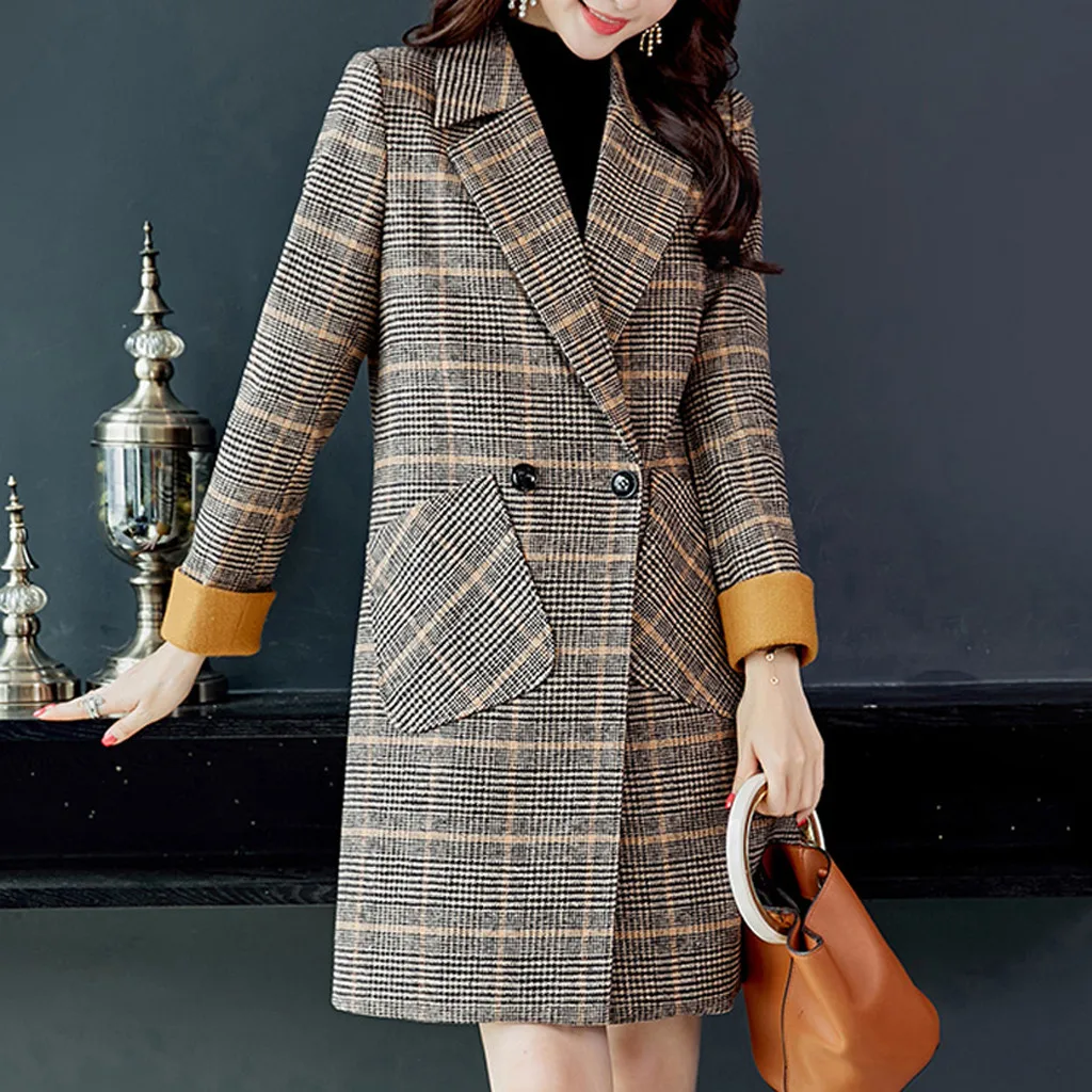 SAGACE Женское пальто модное клетчатое винтажное зимнее теплое шерстяное пальто с длинным рукавом на пуговицах приталенное пальто с длинным рукавом пальто с воротником