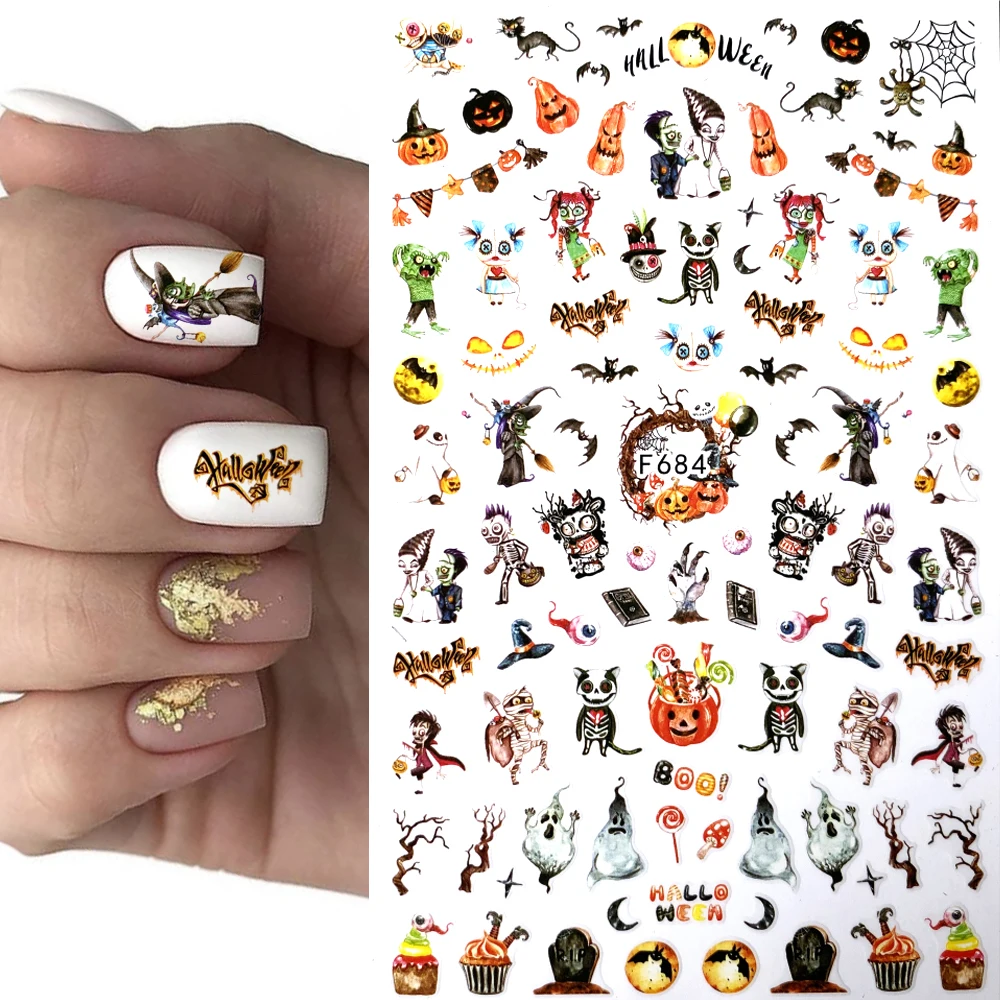 1pcs Winter style 3d nail sticker Halloween Pumpkin/ghost/skeleton/bat Skull Bone Pattern Slider Tattoo for DIY Decoration | Красота и