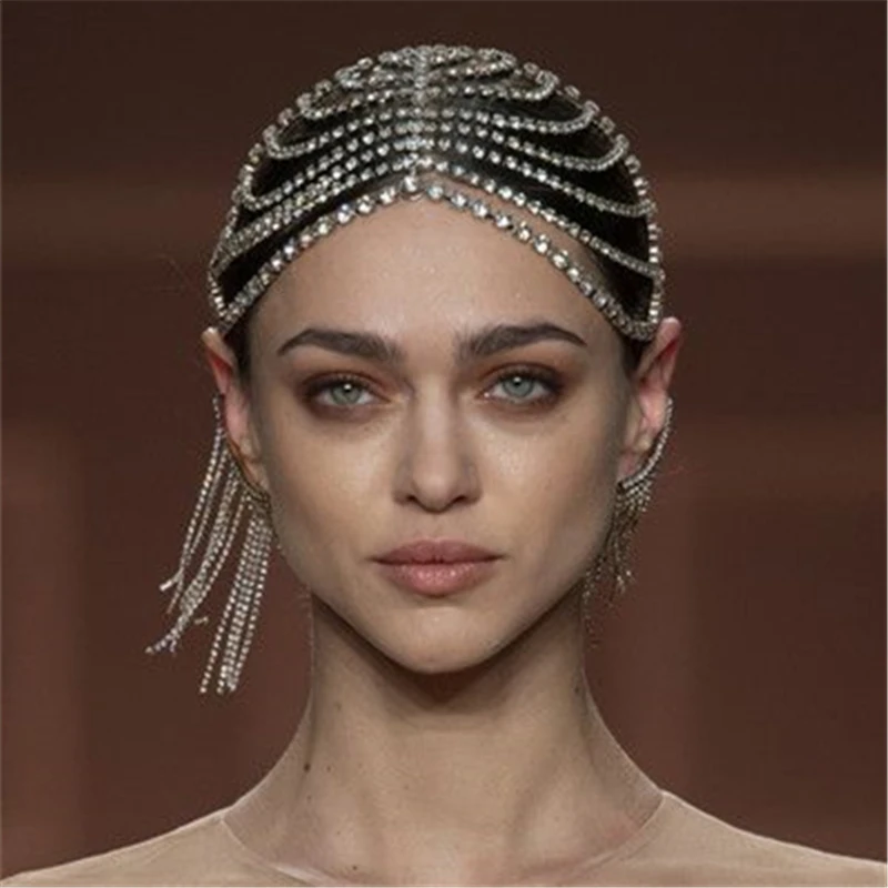 

Fashion handmade crystal multi row tassel headdress Hat Women's hair accessories BLING Rhine Stone chain headband hair chain