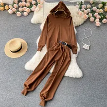 

2022 Two 2 Pieces Set Women Knitted Tracksuit Hoodied Sweater + Carrot Jogging Pants Pullover Sweater Set Chic Knit Outwear New