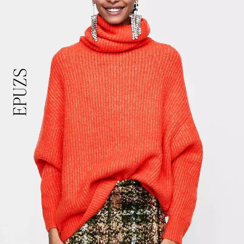 Зимнее плотное платье-свитер с высоким воротом, женские пуловеры, повседневный Оранжевый вязаный свитер, корейский длинный женский свитер