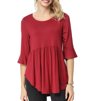 

clothing OWLPRINCES 2018 New Pure Color Pullover round Neck Shirt with Half Sleeve Trumpet Sleeves Ms. T-shirt