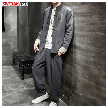 

Sinicism Store Embroidery Spring Tracksuit Men 2020 Mens Linen Buckle Suit Sets Male Fashion Casual Chinese Style 2 Piece Sets