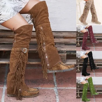 

Women Knee High Boots Leather Cowboy Cowgirl Boots Pointed Toe Slip-On Western Girls Motorcycle Shoes Woman Ladies