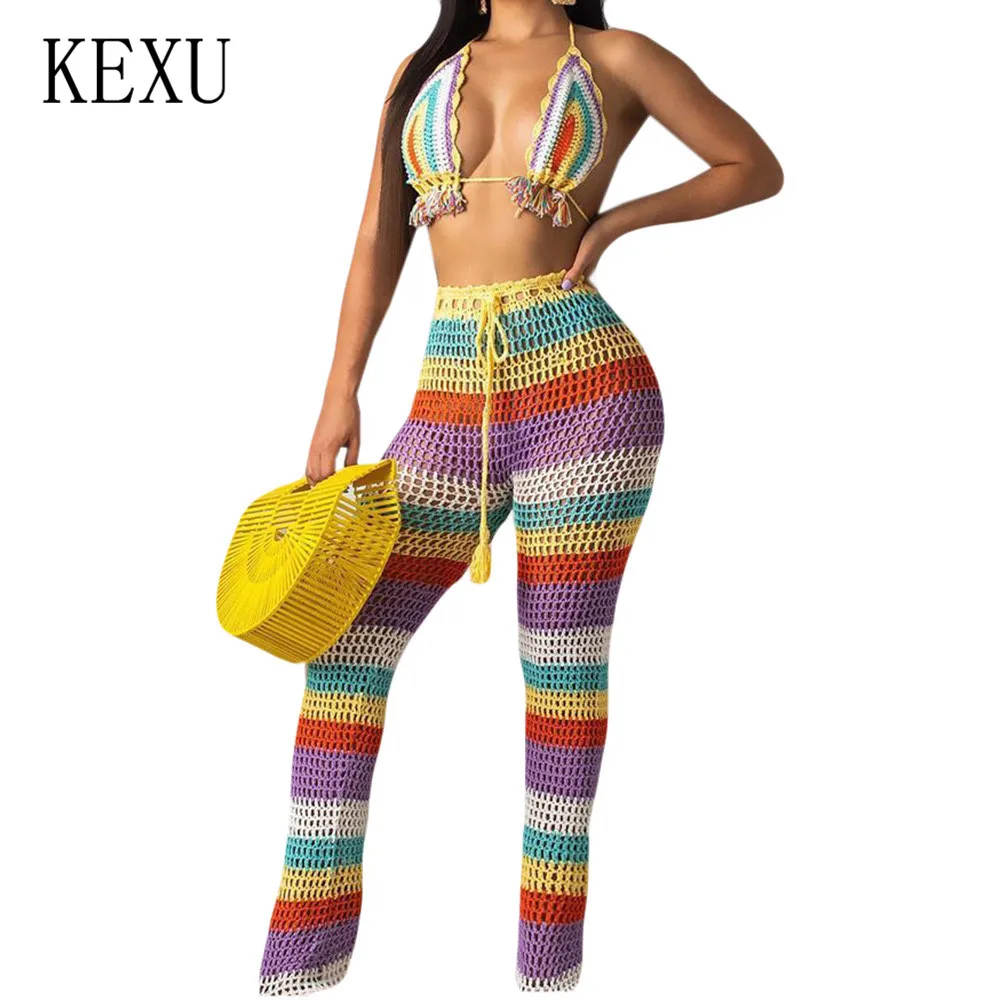 

KEXU Sexy See Through Two Pieces Sets Crochet Knitted Hollow Out Swimsuits Women Summer Sleeveless Retro Stripe Grid Playsuits