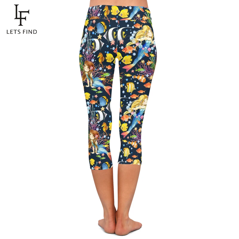 LETSFIND Summer Fashion Women Leggings Animal Undersea World and Mermaid Print Capri Leggings High Waist Elastic Fitness Pants