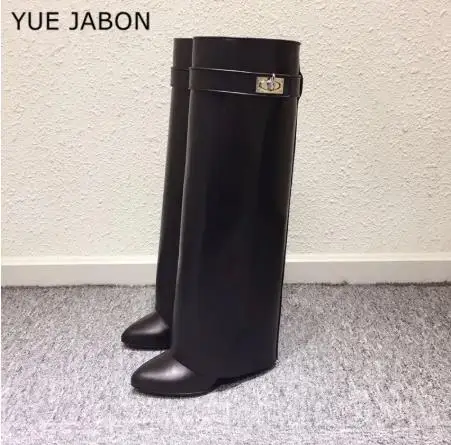 

YUE JABON Wedge Shark Lock Women Knee High Boots Slip-on Over Lady Motorcycle Boots Height Increasing women boots botas mujer