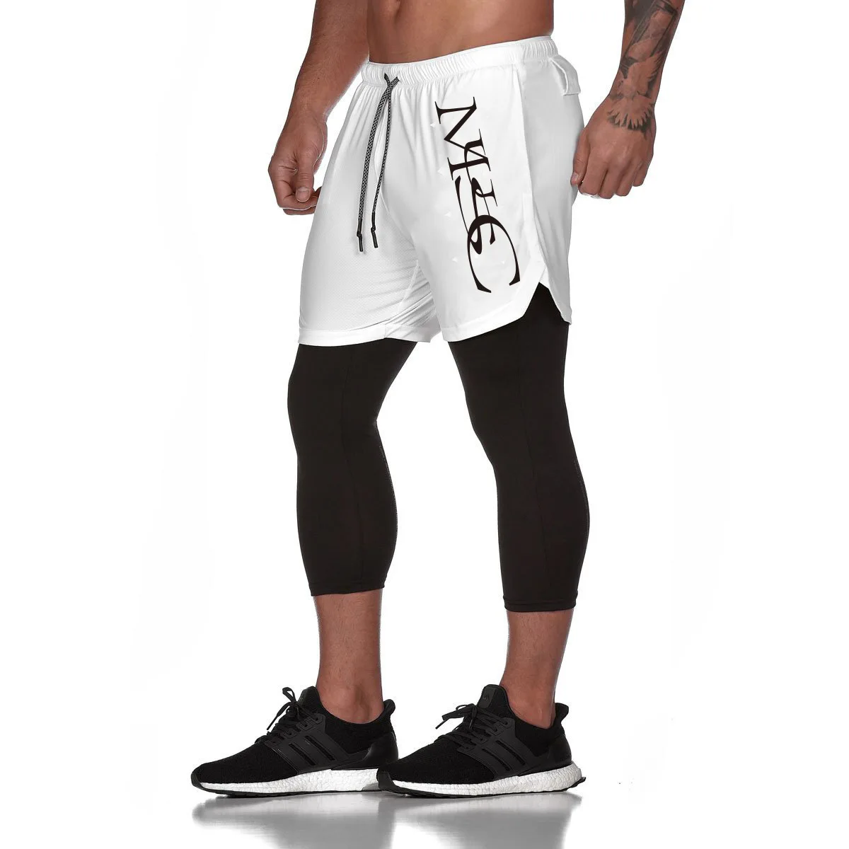 

New Style Europe And America Muscle Brother Sports Shorts Men Quick-Dry Mock Two-Piece Capri Pants Outdoor Running Fitness Pants