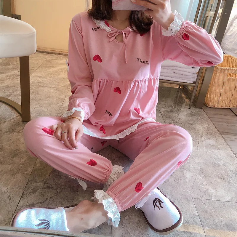 

Pajamas Women's Spring And Autumn Long Sleeve Pure Cotton Princess Style Cute Little Heart Two-Piece Set Korean-style Students O