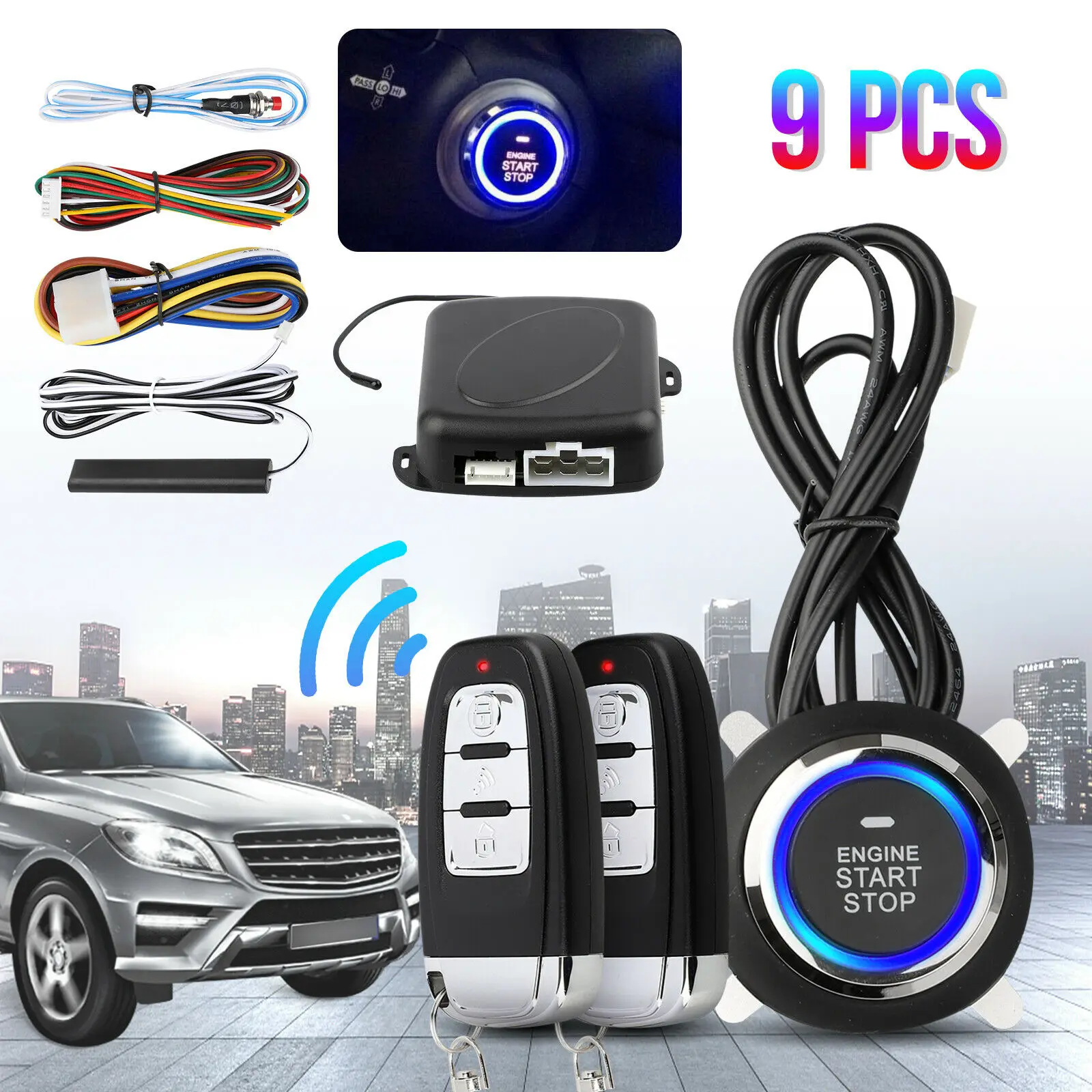

9Pc DIY Car SUV Keyless Entry Engine Start Keyless Alarm System Push Button Remote Starter Stop Automobiles Auto Car Accessories