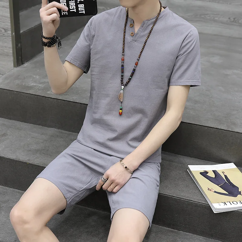 

2019 Summer New Style Men Fashion Solid Color Flax Short Sleeve Set Youth Students Large Size Two-Button T-shirt Fashion